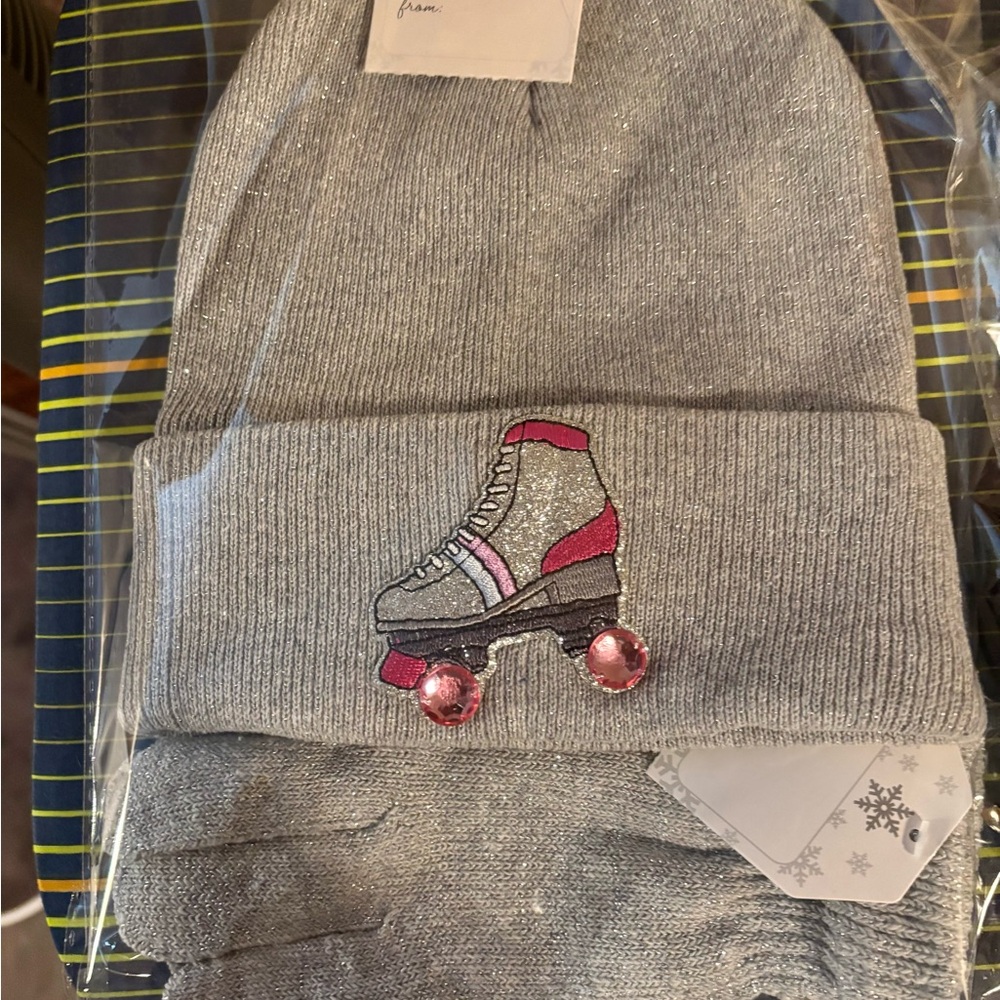 Trendy Gray Beanie/Glove Set with Roller Skate Embroidery.